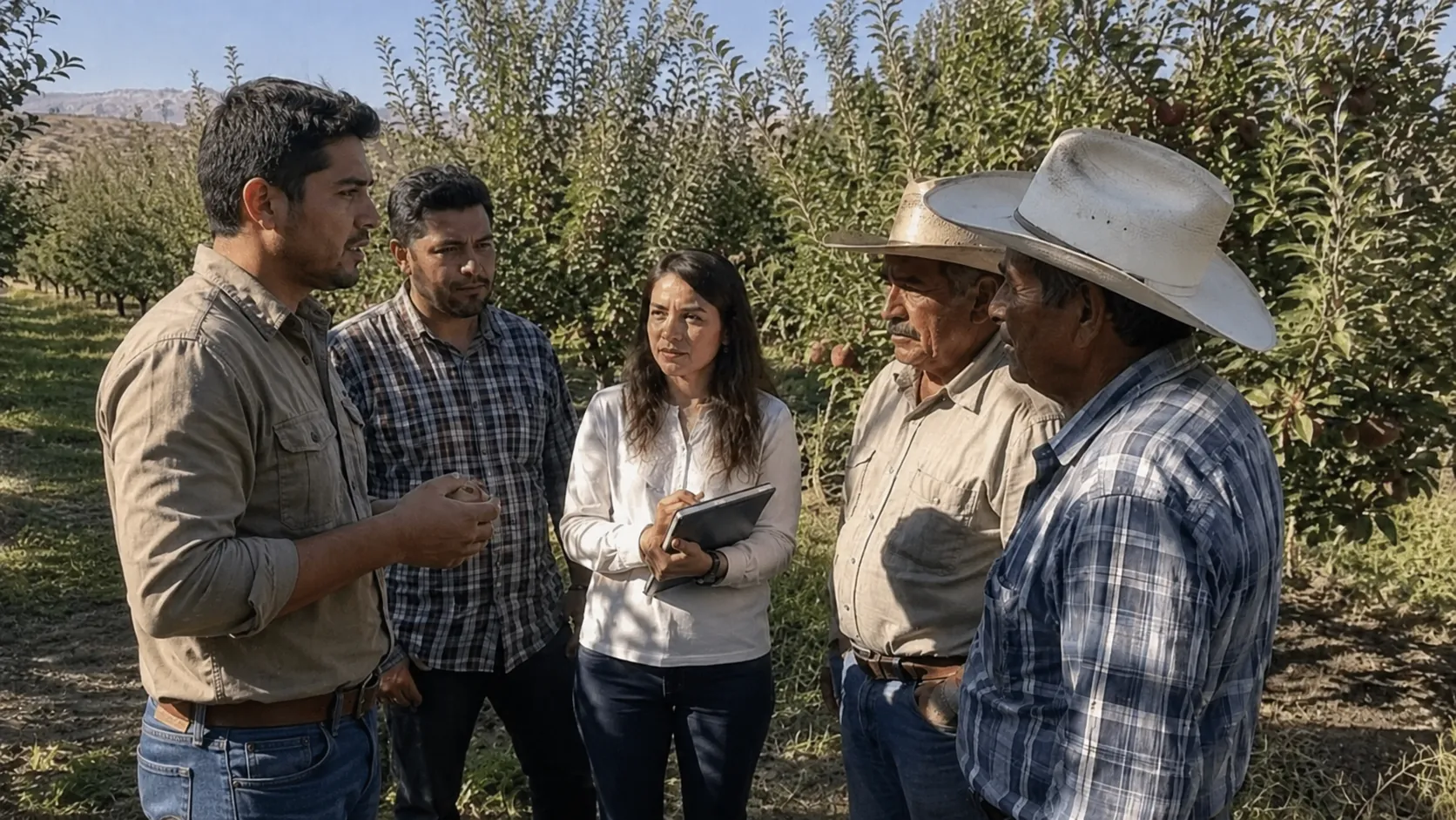 Equipo técnico de Satvalis en diálogo con productores agrícolas en una huerta