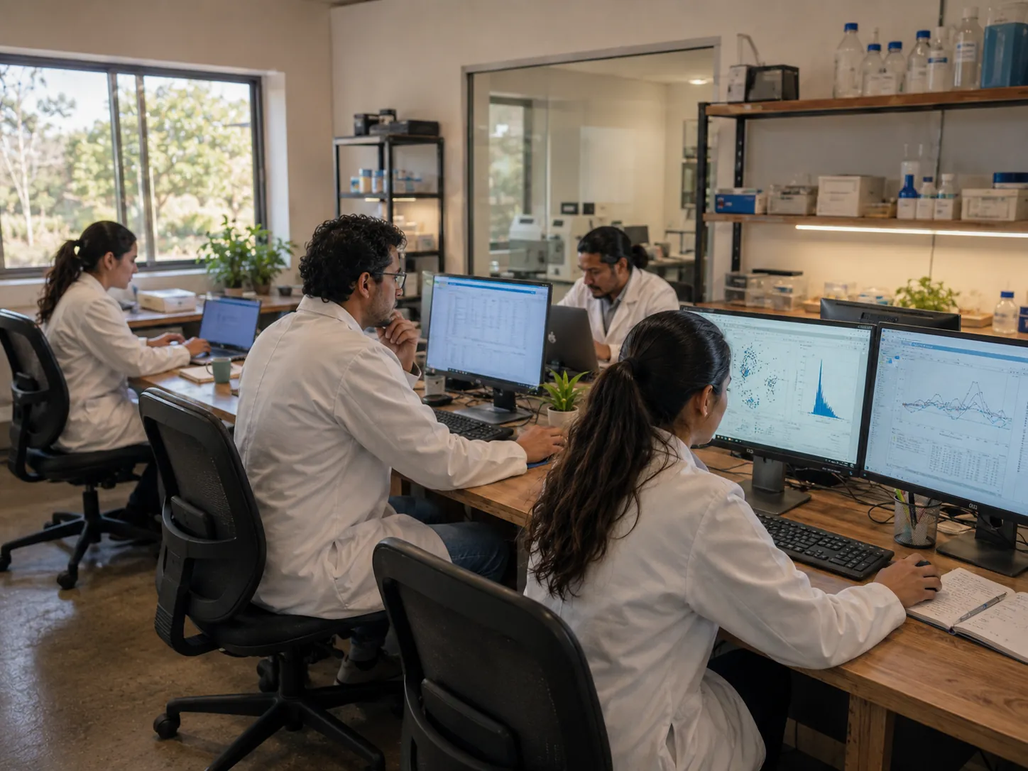 Equipo de bioinformática de Satvalis analizando datos genómicos en pantallas del laboratorio
