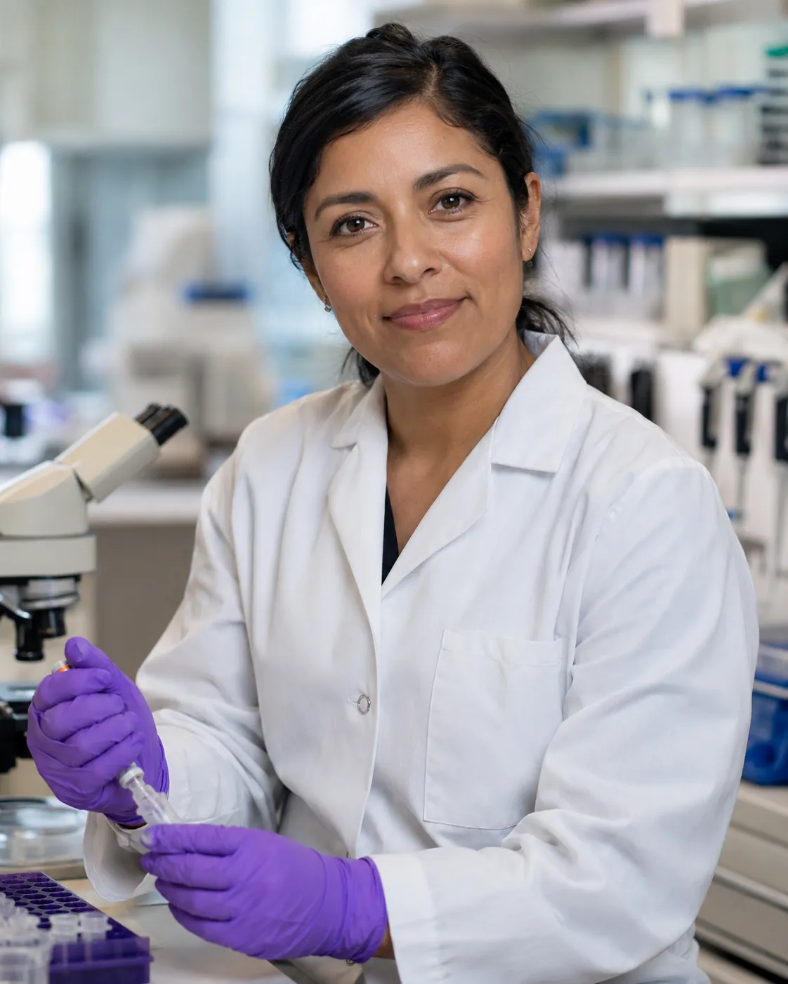 Investigadora de Satvalis pipeteando una muestra en el laboratorio